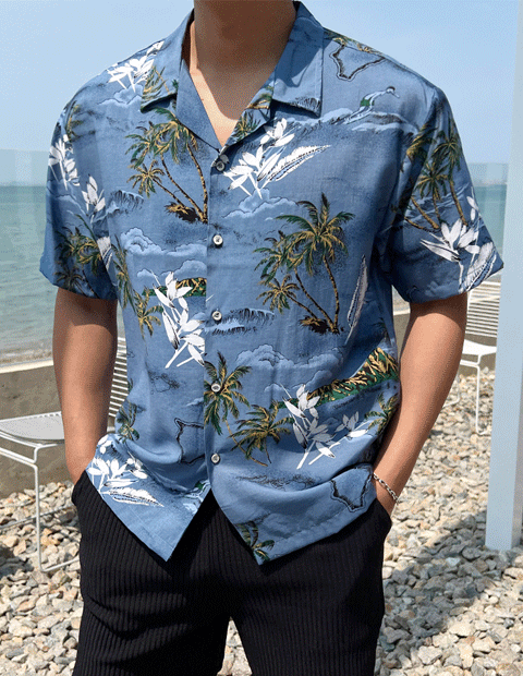 야자수 컬러 나염 오버핏 하와이안 반팔 셔츠