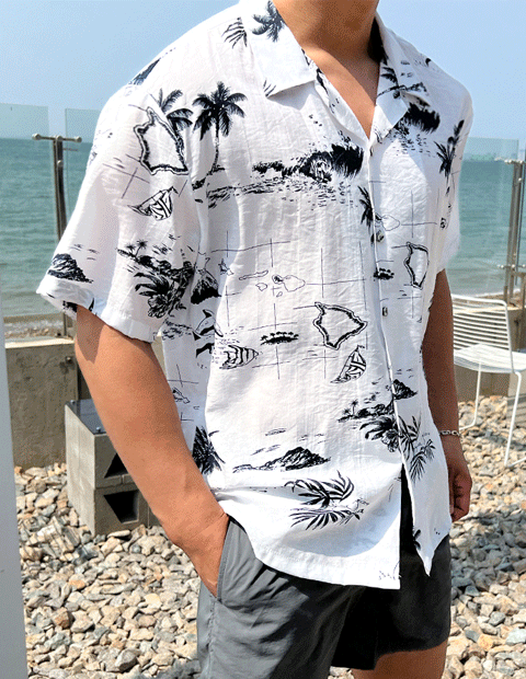 아일랜드 나염 오버핏 하와이안 반팔 셔츠
