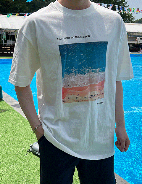 오버핏 워싱 비치해변 나염 레터링 반팔 티셔츠
