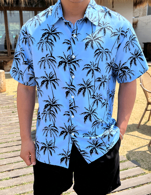 야자수 면혼방 썸머 하와이안 반팔 셔츠